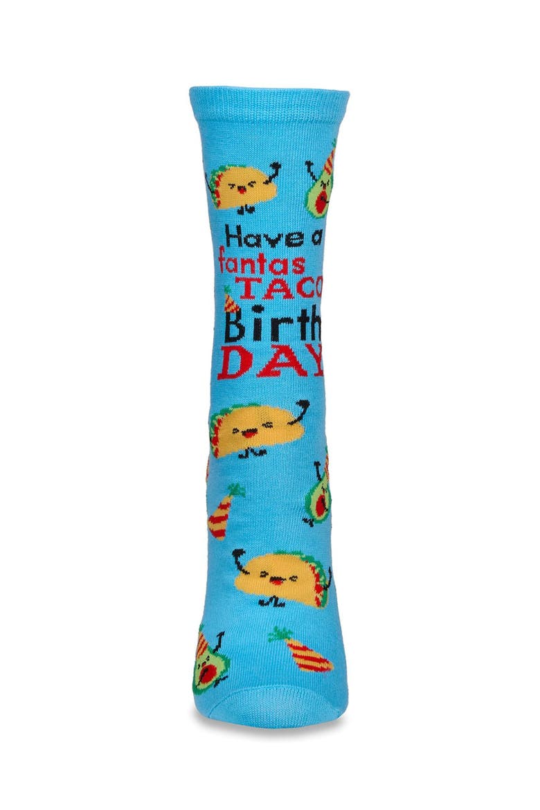 Big Kid's Have a FantasTACO Birthday Greeting Card Crew Socks, Alternate, color, Blue Grotto