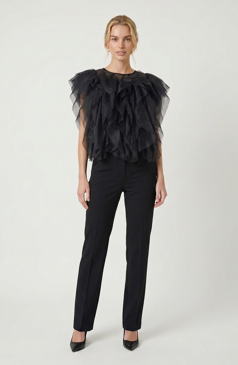 Modenaire Sheer Ruffled Tulle Blouse, Alternate, color, Black
