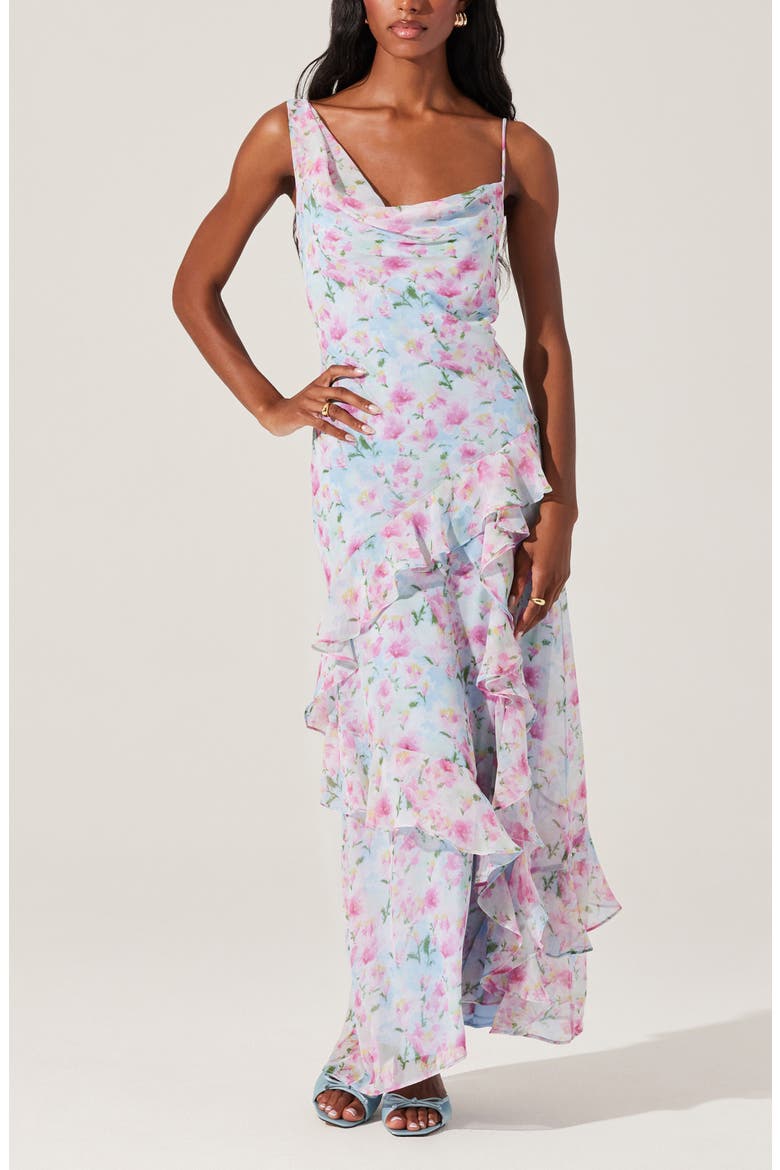 Levina Asymmetric Ruffle Chiffon Maxi Dress, Alternate, color, BLUE FLORAL