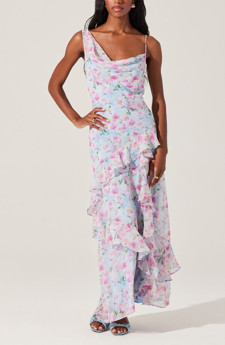 ASTR the Label Levina Asymmetric Ruffle Chiffon Maxi Dress, Alternate, color, Blue Floral