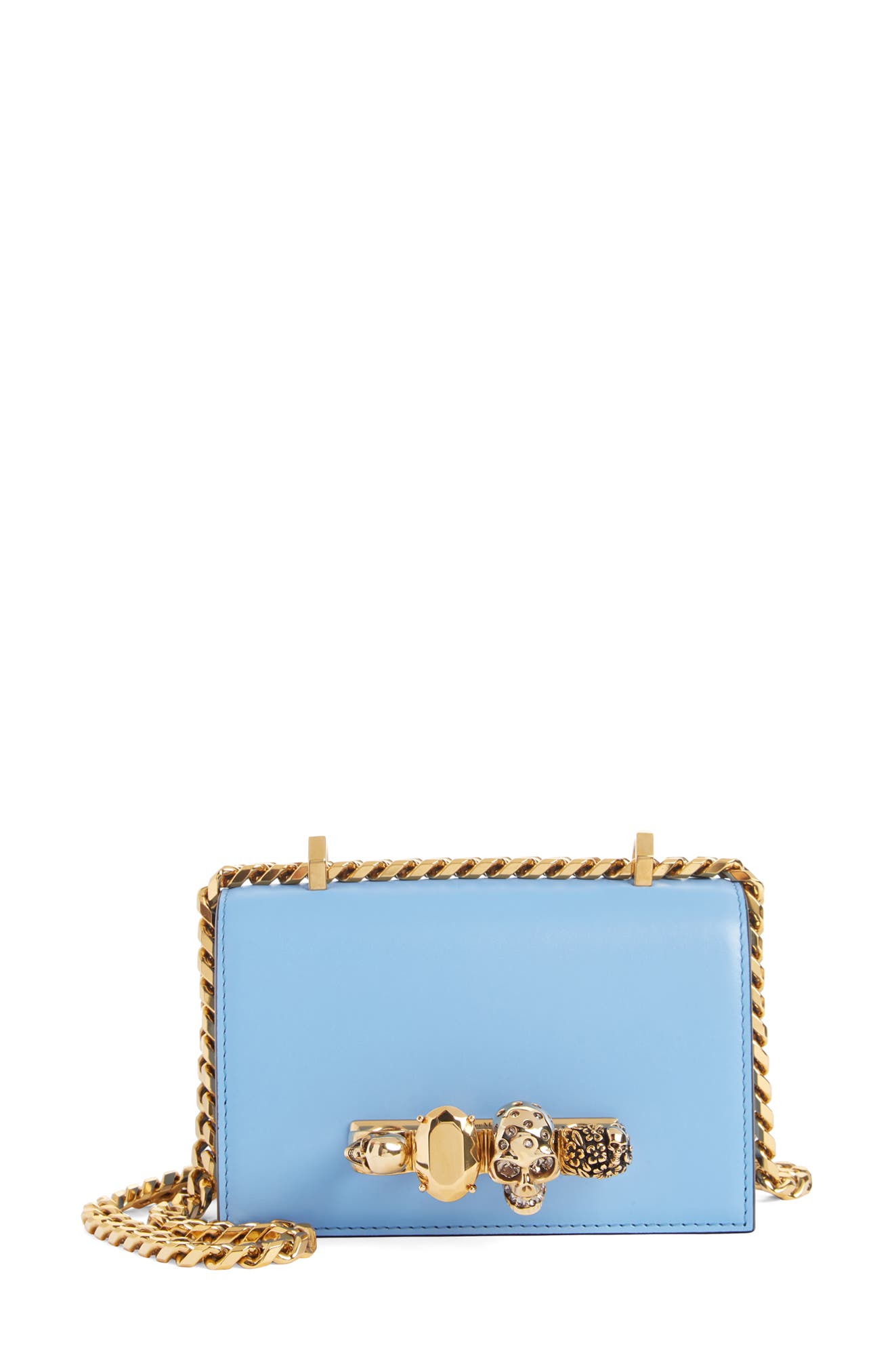 Alexander McQueen Mini Leather Knuckle Crossbody Bag, Main, color, FLAX BLUE