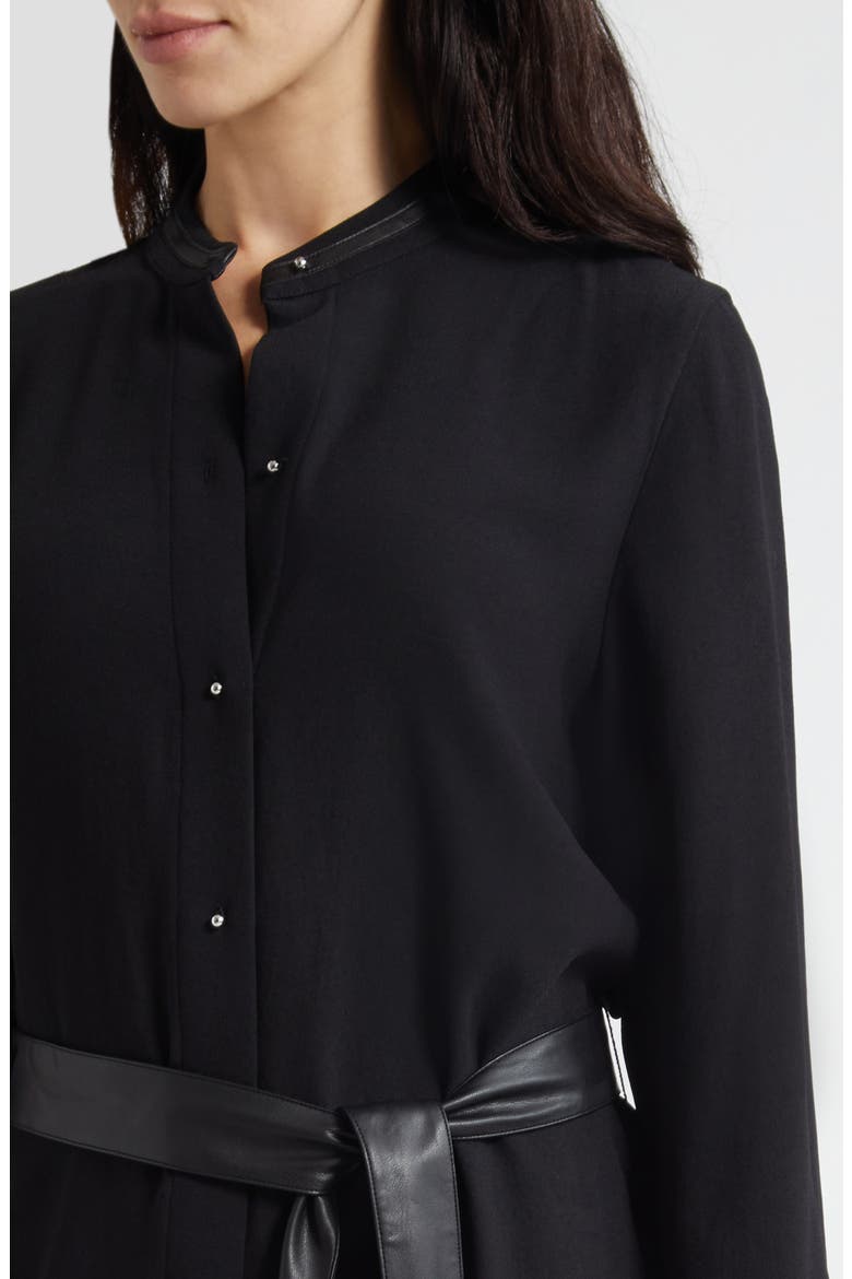 Faux Leather Trim Long Sleeve Shirtdress, Alternate, color, BLACK
