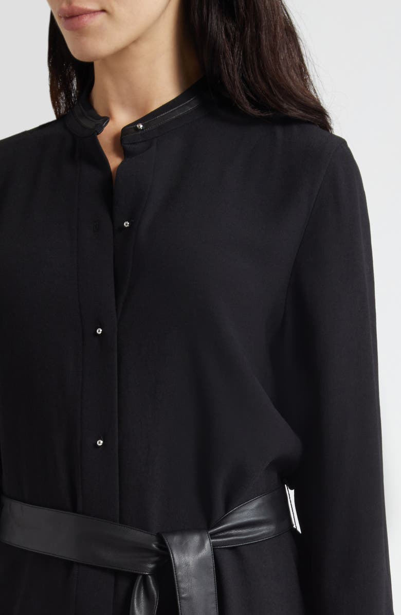 Vince Faux Leather Trim Long Sleeve Shirtdress, Alternate, color, Black