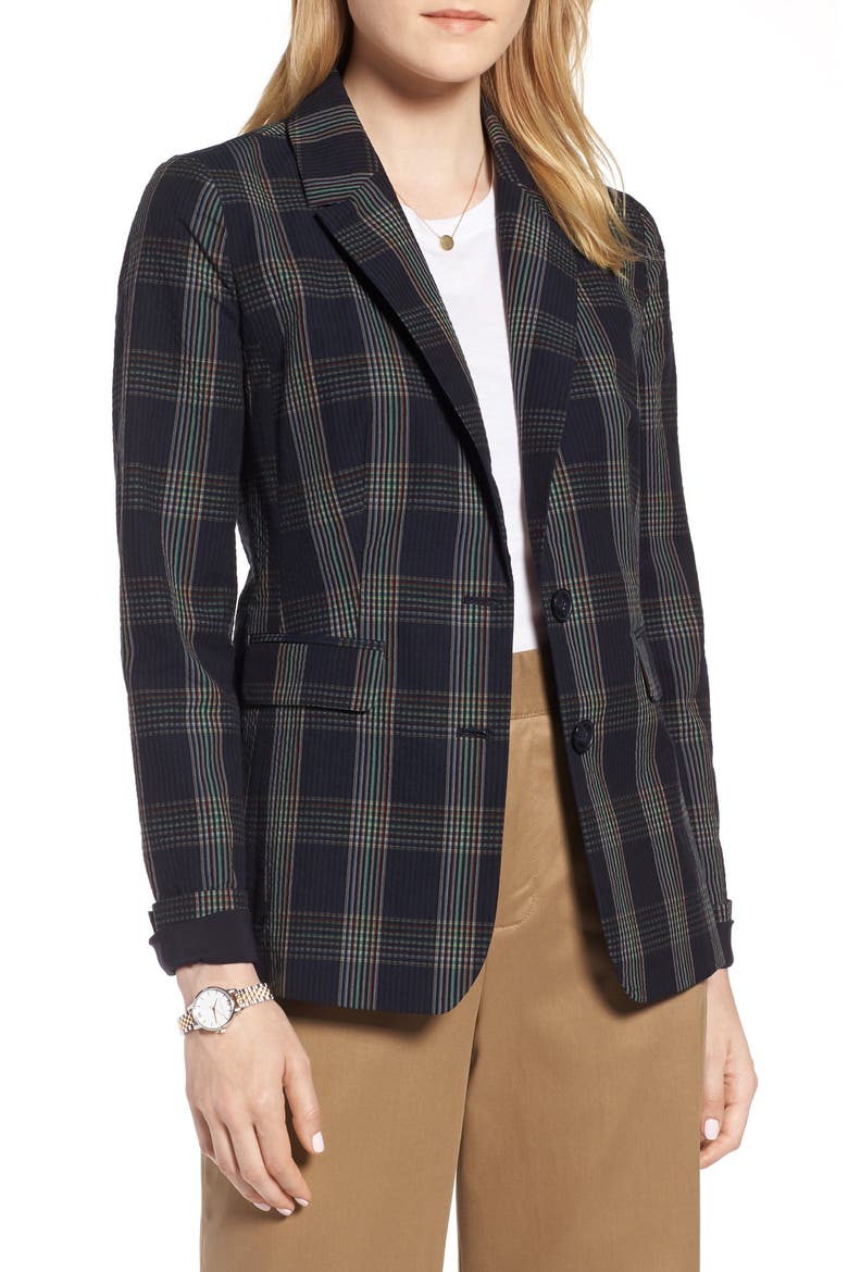 Puckered Plaid Blazer, Main, color, NAVY MULTI PLAID