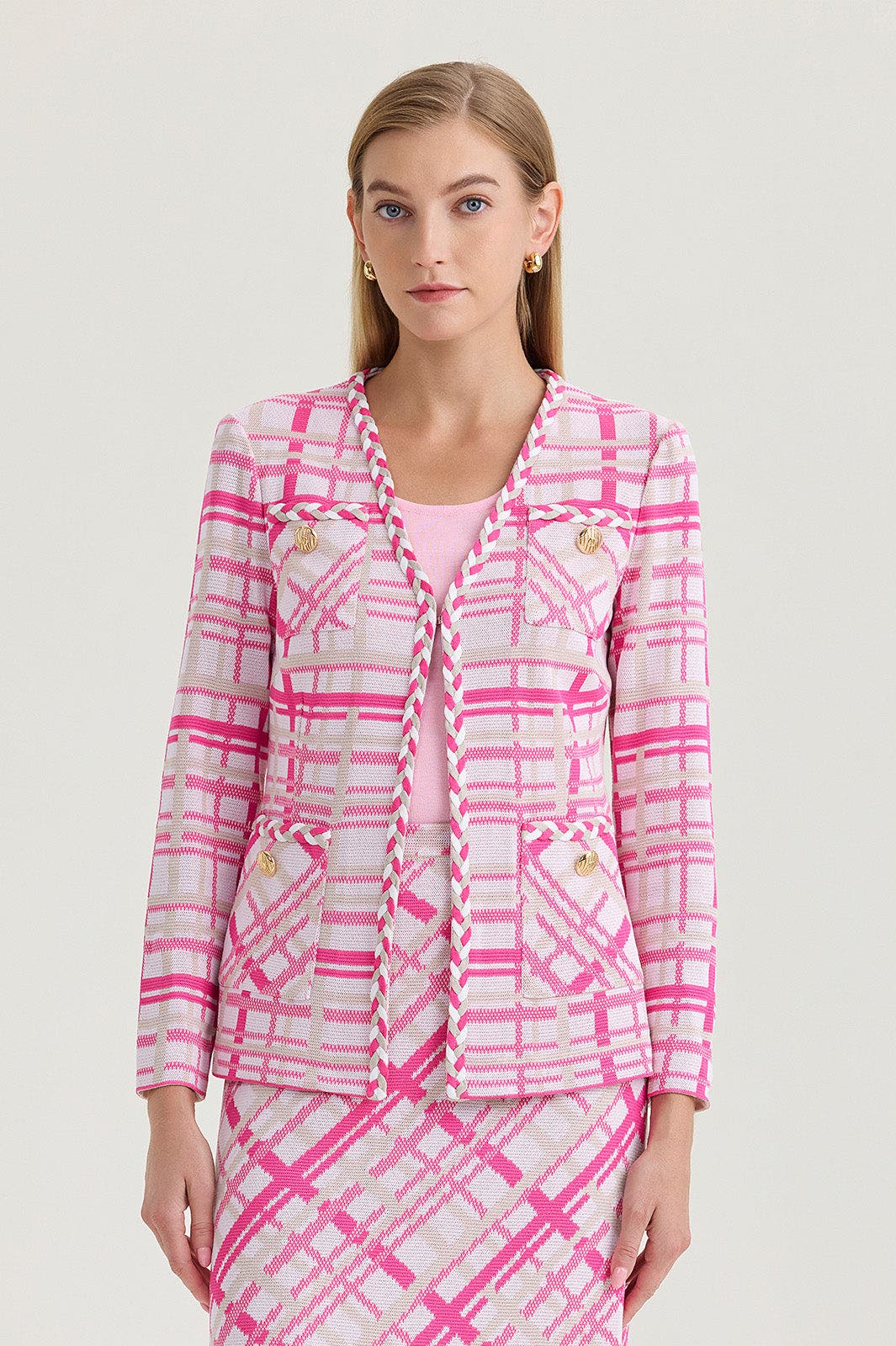 Heritage Braided Trim Plaid Knit Jacket - image 2