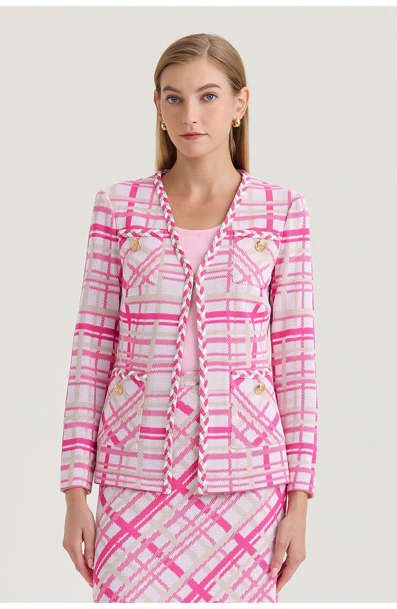 Ming Wang Heritage Braided Trim Plaid Knit Jacket, Alternate, color, Carmine Rose/Pink