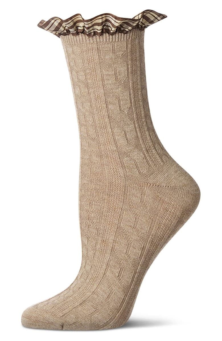 MeMoi Plaid Ruffle Cuff Crew Socks, Alternate, color, Taupe