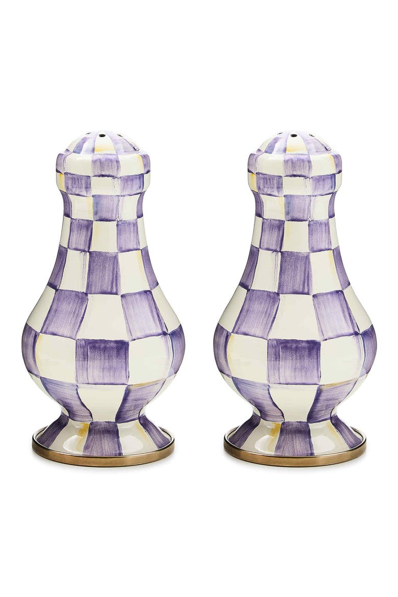 Violet Check Enamel Large Salt & Pepper Shaker Set, Main, color, VIOLET