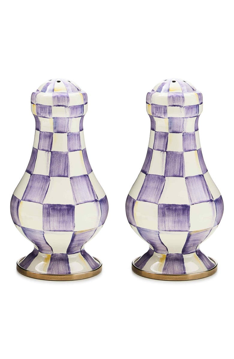 MACKENZIE CHILDS Violet Check Enamel Large Salt & Pepper Shaker Set, Main, color, Violet