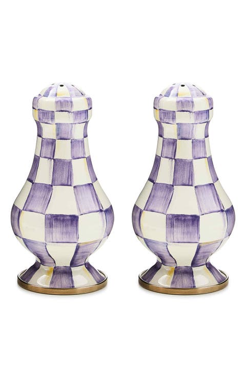 Violet Check Enamel Large Salt & Pepper Shaker Set
