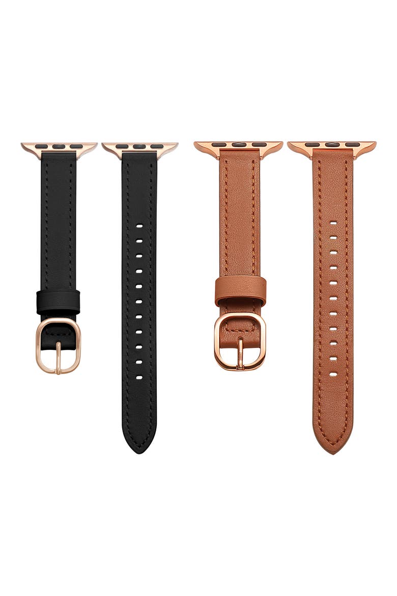 Set of 2 Faux Leather Watchbands, Alternate, color, BLACK
