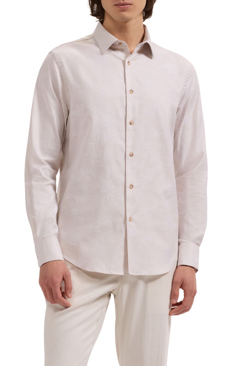 Bugatchi Julian Shaped Fit Floral Jacquard Stretch Cotton Button-Up Shirt, Main, color, Almond