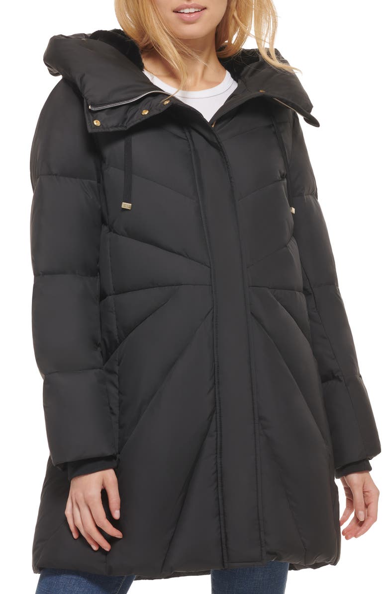 Cole Haan Cocoon Hooded Down & Feather Fill Puffer Jacket with Faux Fur Trim, Main, color, 