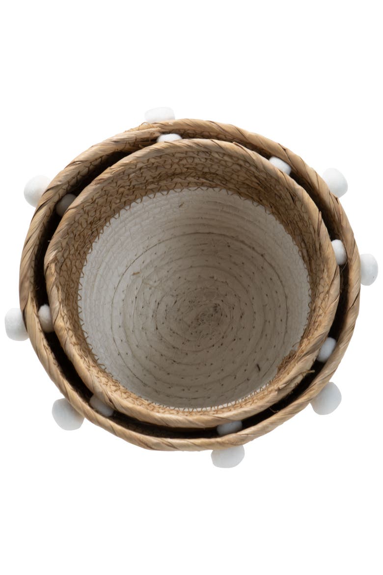 Set of 2 Natural Cattail Decorative Storage Baskets with Pom Poms, Alternate, color, White