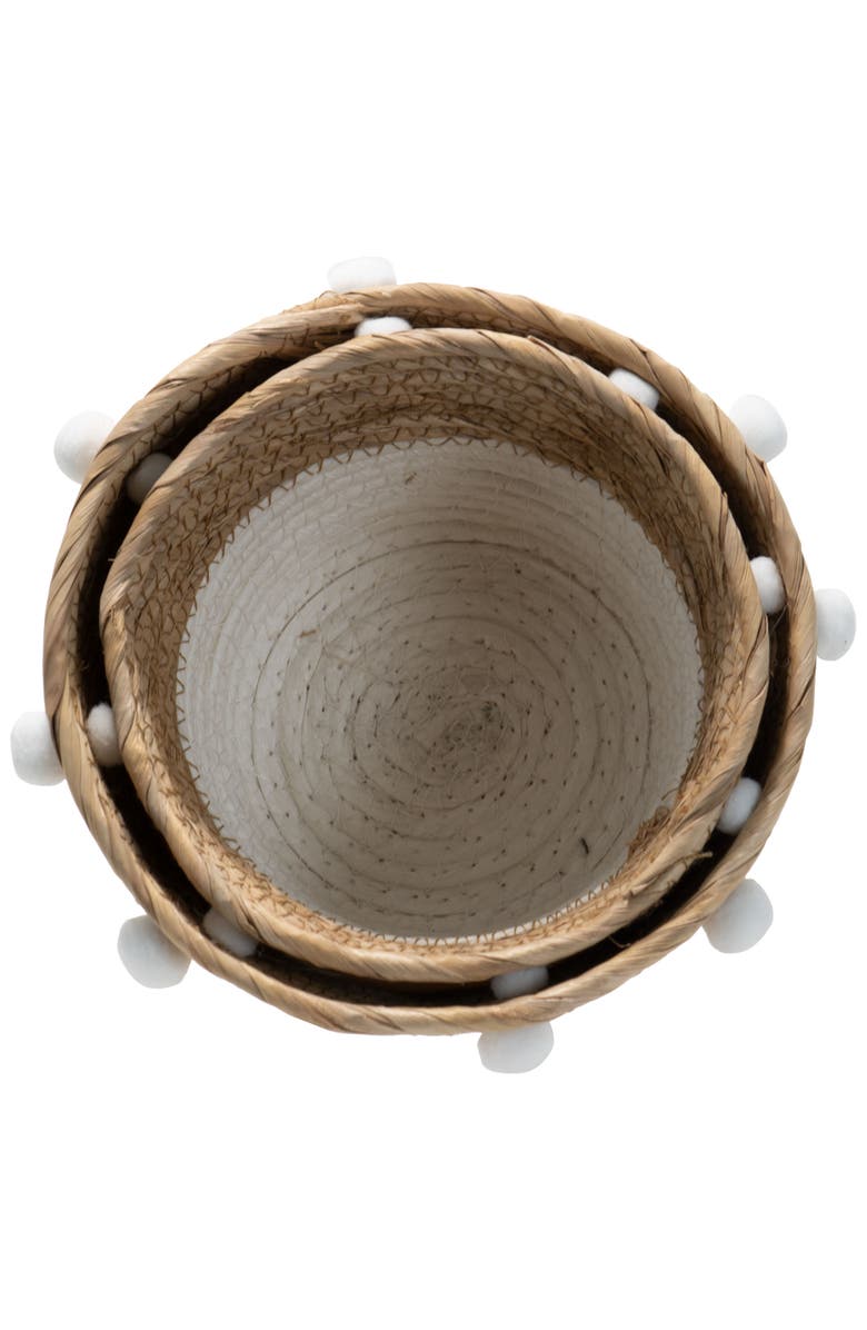 Foreside Home and Garden Set of 2 Natural Cattail Decorative Storage Baskets with Pom Poms, Alternate, color, White