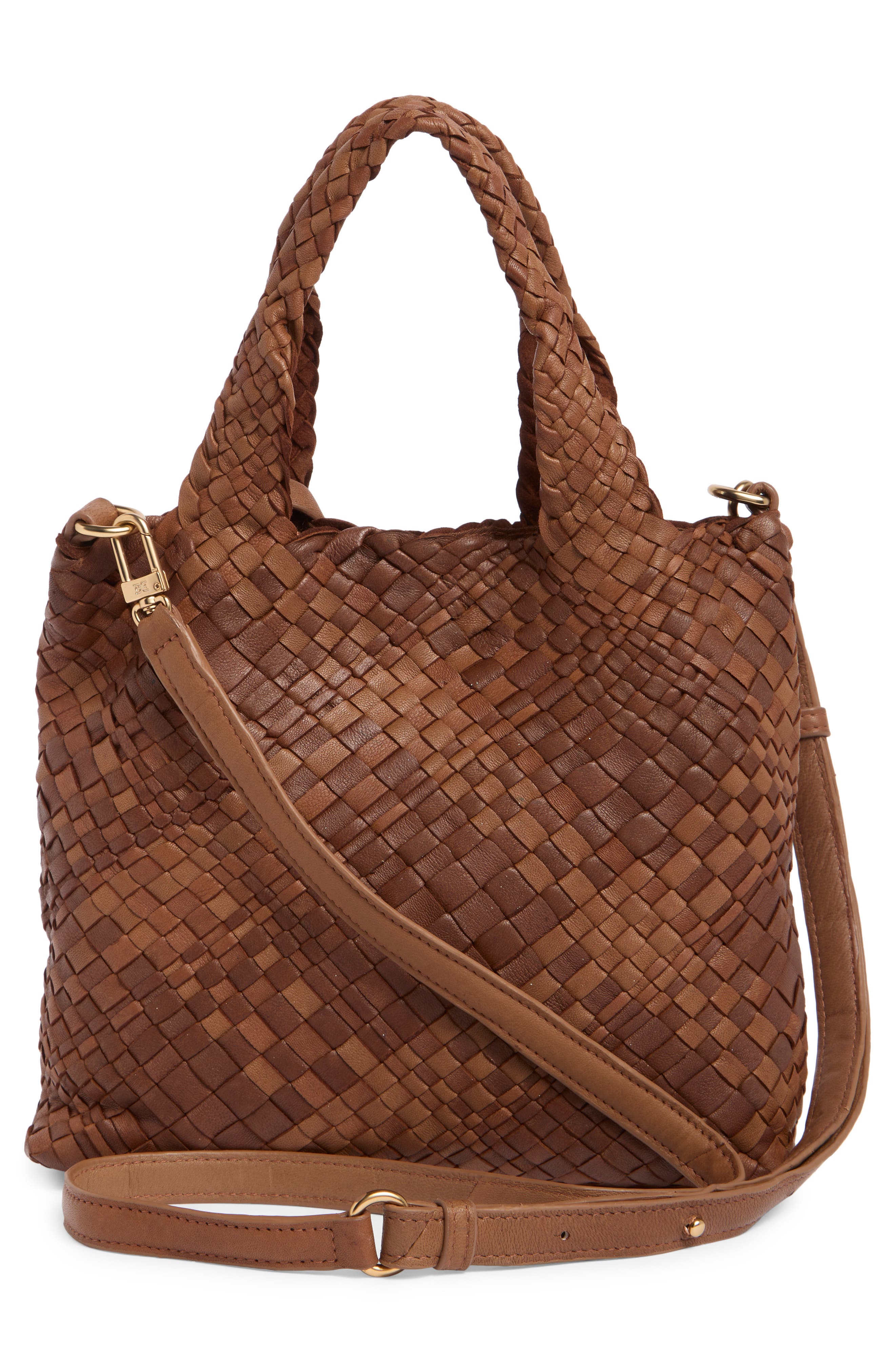 Small Priya Woven Leather Tote, Alternate, color, BRANDY
