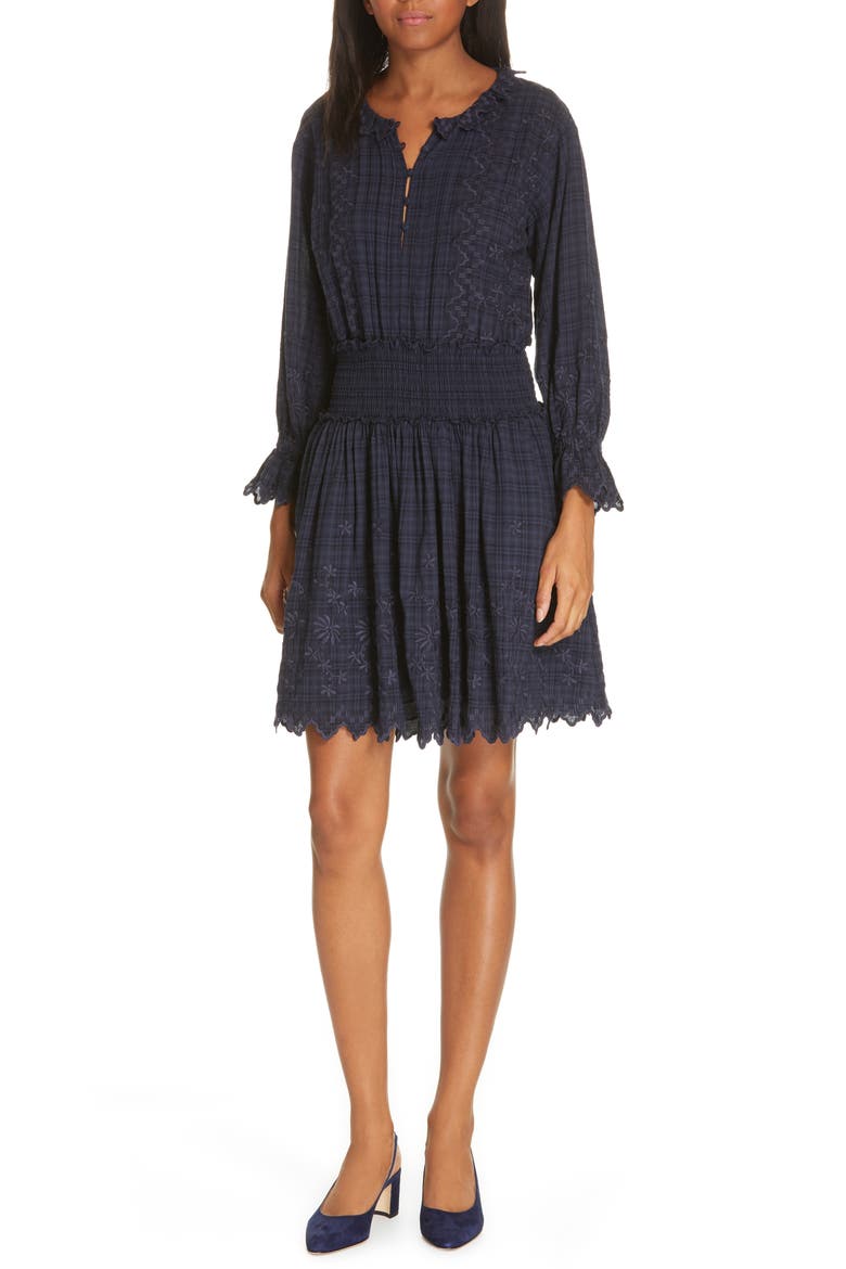 Embroidered Check Print Dress, Main, color, MIDNIGHT NAVY