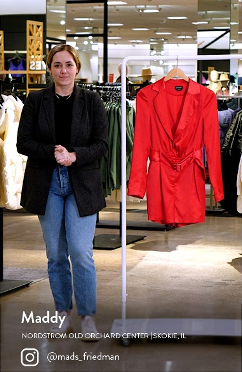 Belted Long Sleeve Satin Blazer Romper, sales video thumbnail