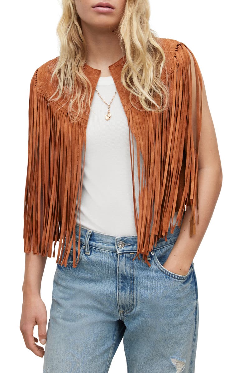 AllSaints Astral Tassel Suede Vest, Main, color,