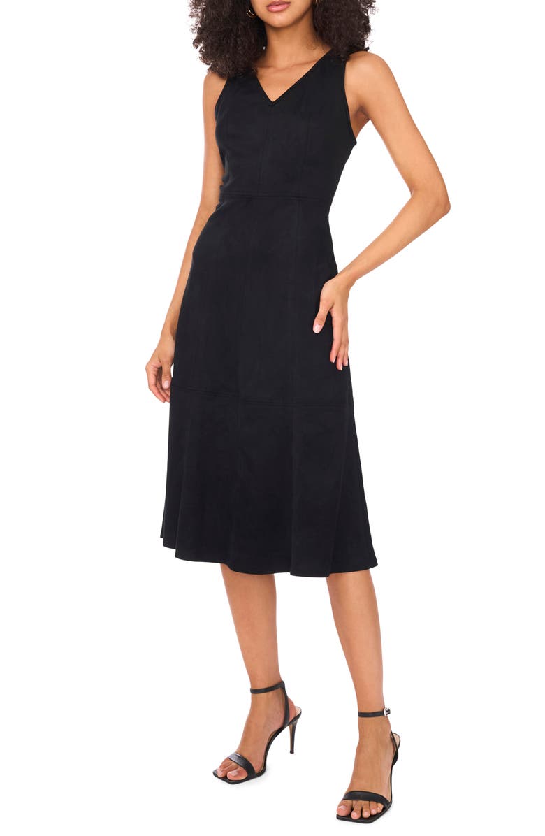 Vince Camuto Faux Suede Fit & Flare Dress, Main, color, Rich Black