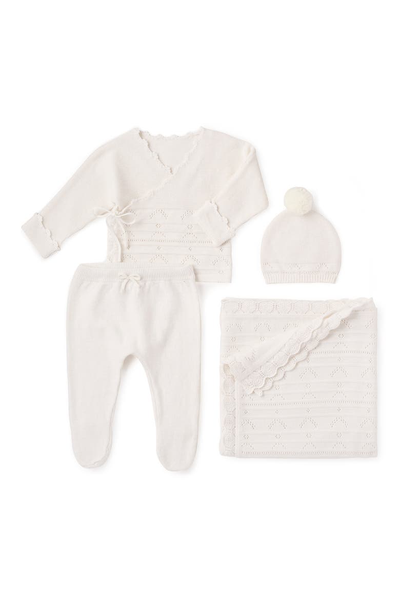 Organic Cotton & Cashmere Pointelle Hat, Top, Pants & Blanket Set, Main, color, WHITE