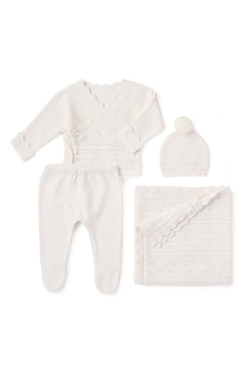 Elegant Baby Organic Cotton & Cashmere Pointelle Hat, Top, Pants & Blanket Set, Main, color, White