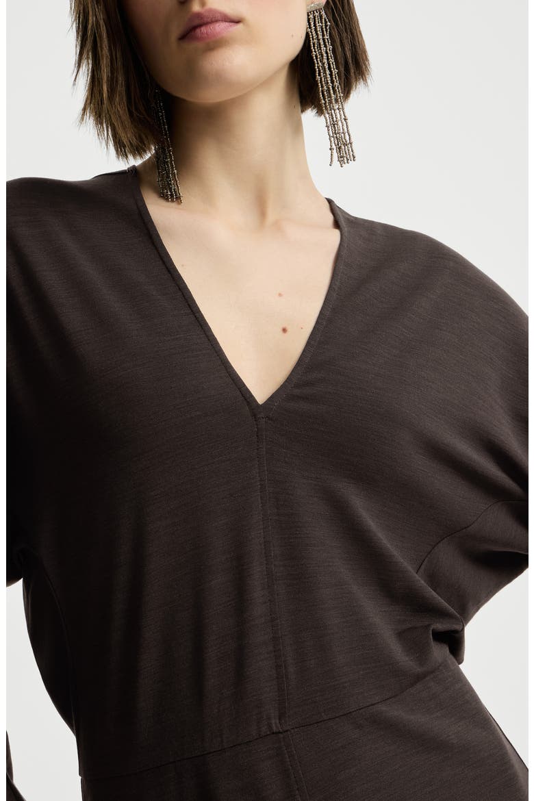 Techno wool jersey dress with monili, Alternate, color, Coffee