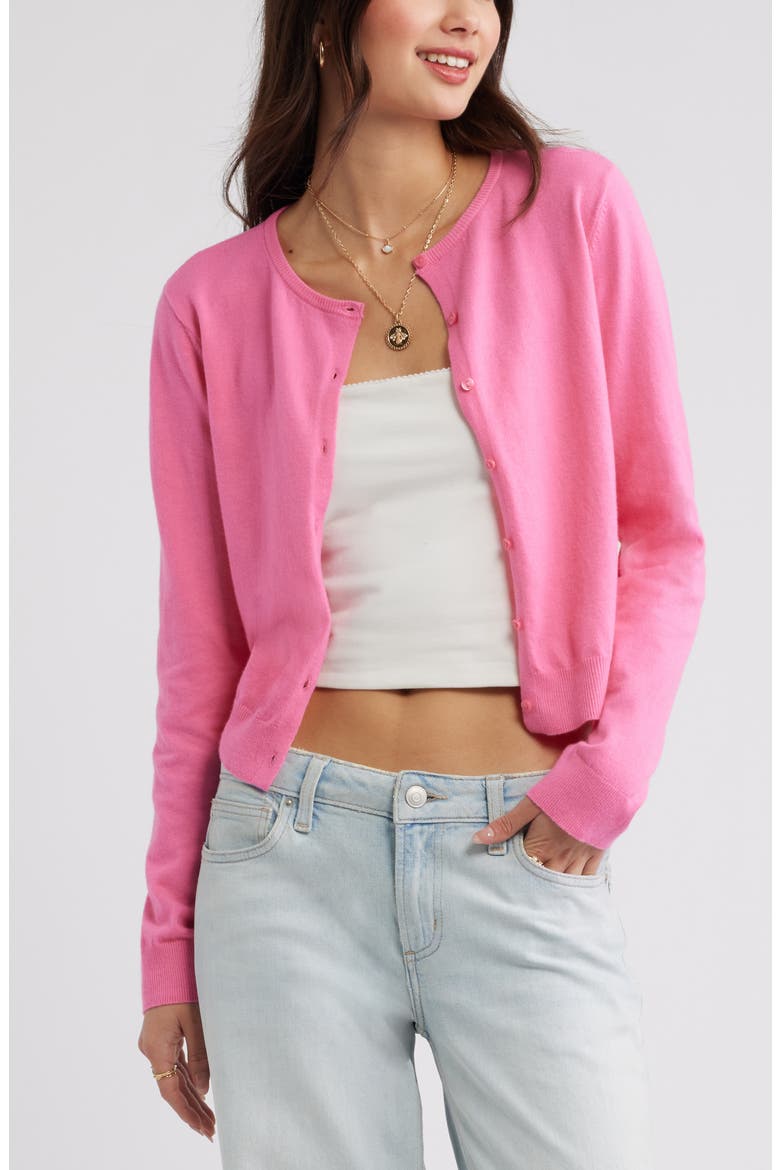 Crewneck Cotton Blend Cardigan, Main, color, PINK AZALEA
