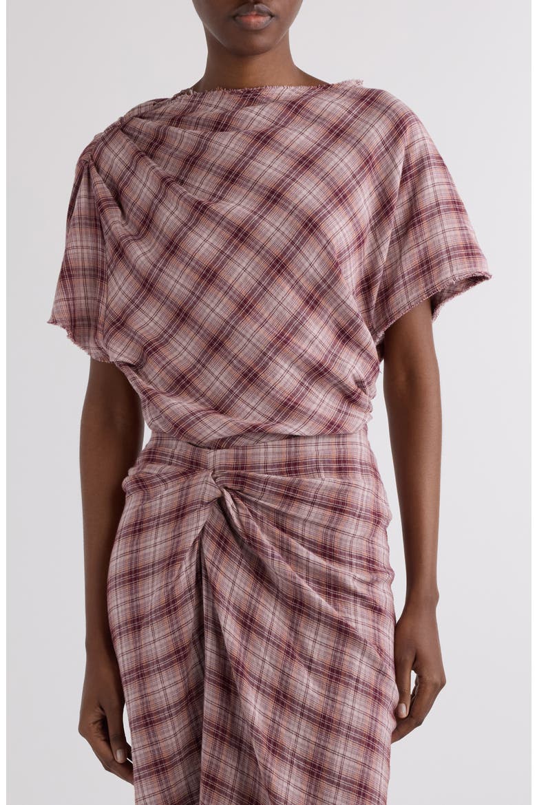 Neyala Plaid Short Sleeve Cotton Top, Main, color, ROSEWOOD