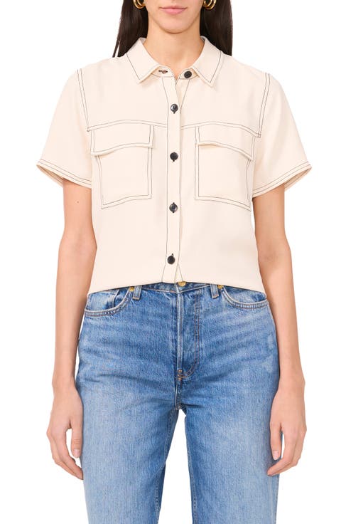 Topstitched Short Sleeve Button-Up Shirt
