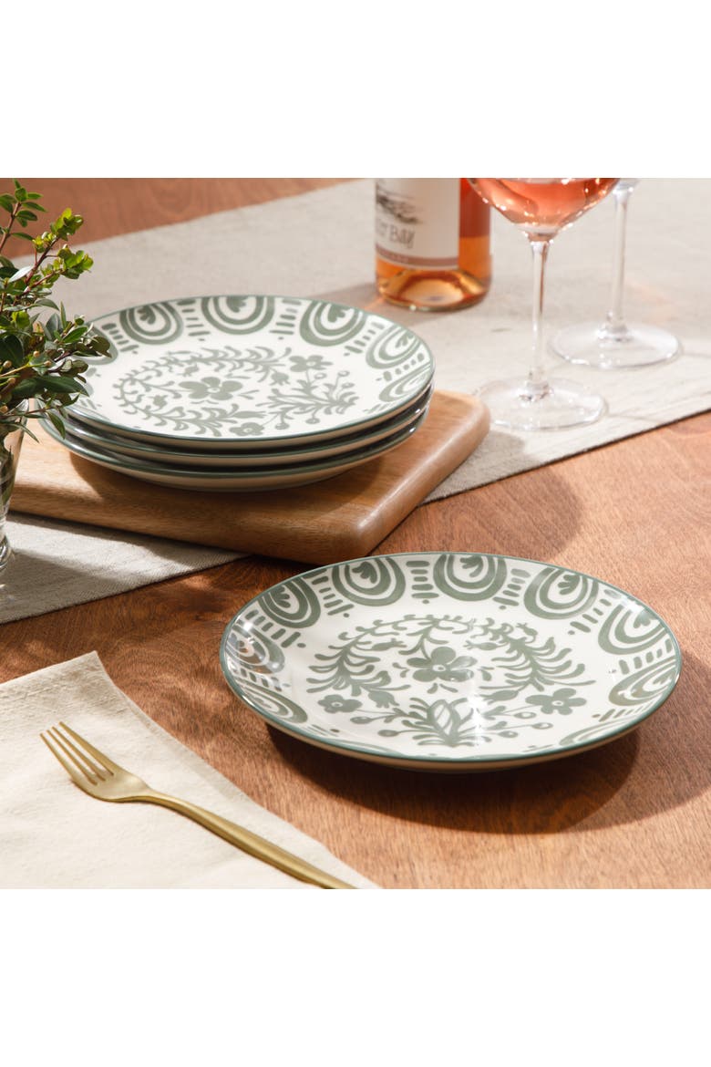 2-Time Oprah's Favorite Things, Valencia Flor 4 Piece Stoneware Dessert Plate Set, Alternate, color, Fern Green