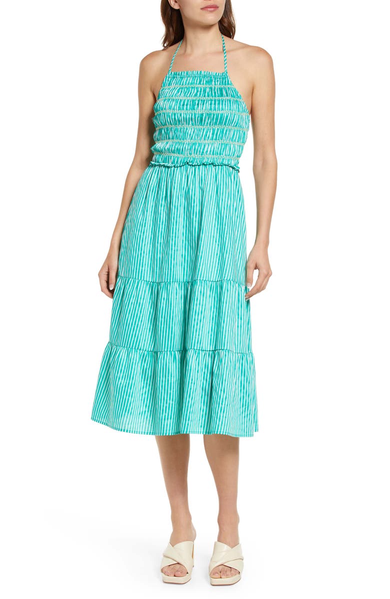 BB Dakota by Steve Madden Tropical Splash Stripe Cotton Midi Sundress, Main, color, 