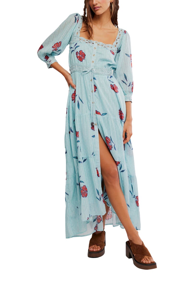 Morning Meadows Floral Lace Trim Maxi Dress, Main, color, PASTEL BLUE COMBO