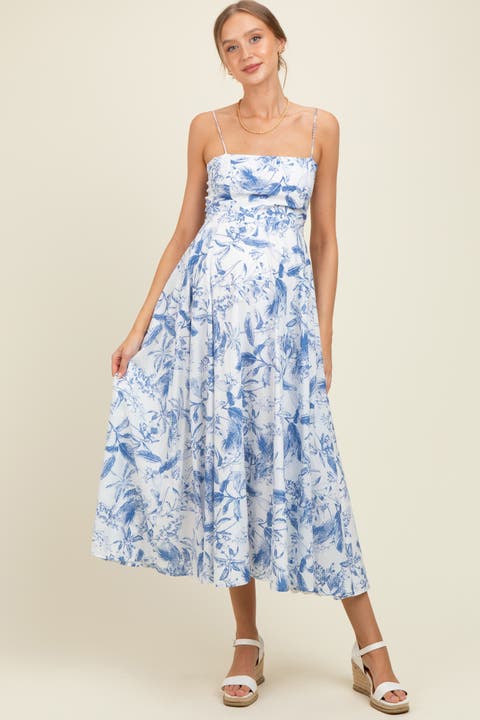 Spaghetti Strap Printed A-Line Midi Dress