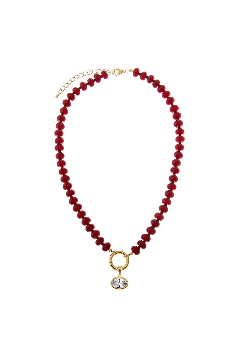 Colored Natural Stone Beaded /CZ Oval Charm Necklace, Alternate, color, Red