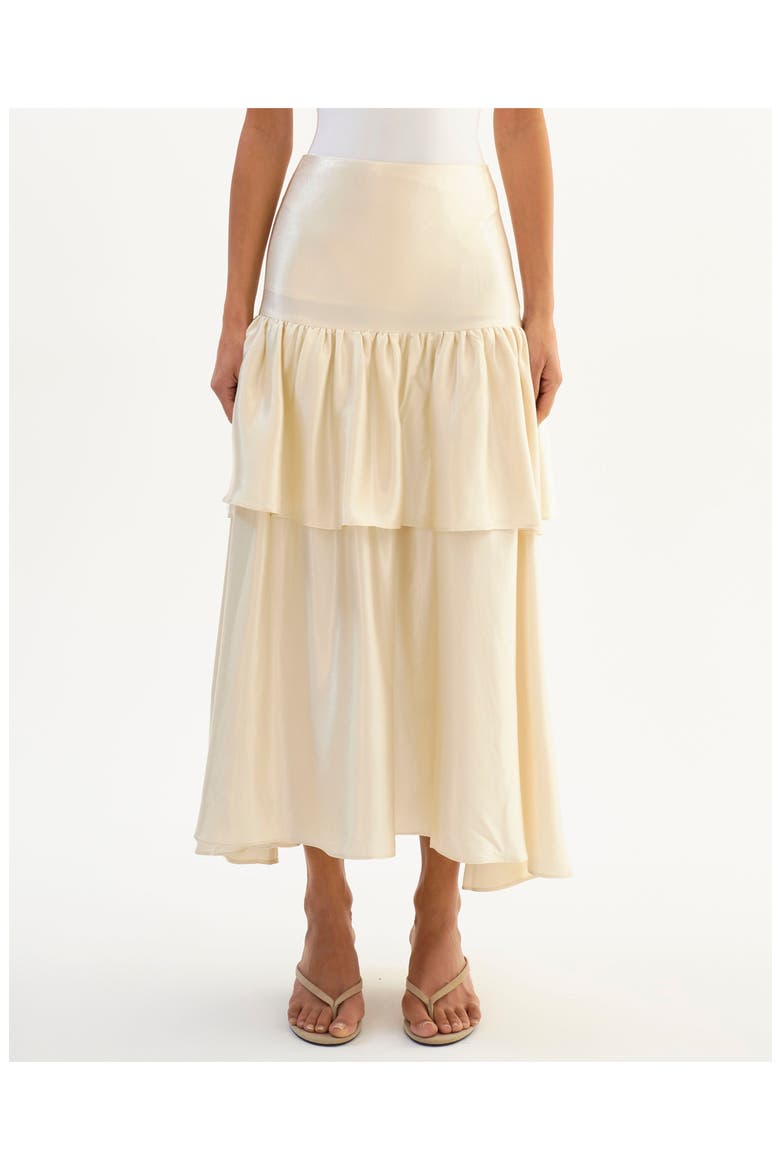 CHALINA | Ruffle Satin Midi Skirt, Main, color, Cream