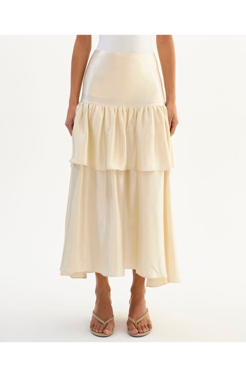 CHALINA | Ruffle Satin Midi Skirt