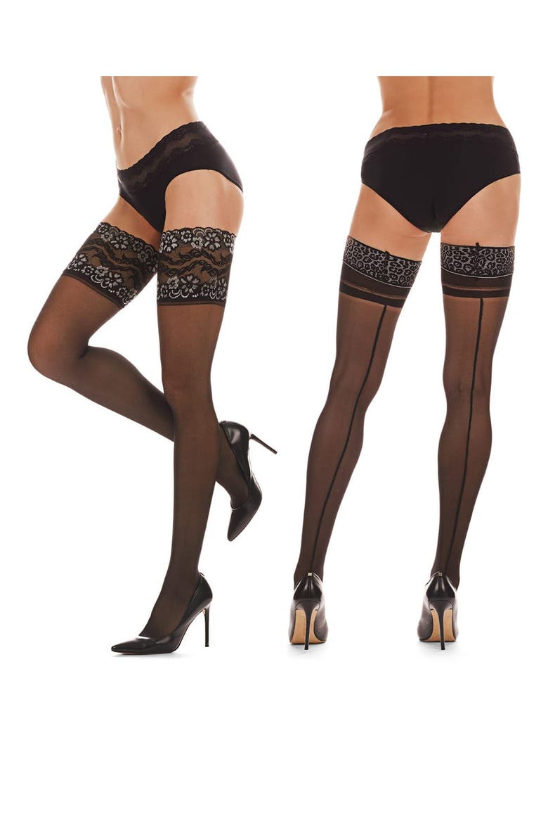 Lace Cuff Seamed Back Sheer Stockings, Alternate, color, BLACK