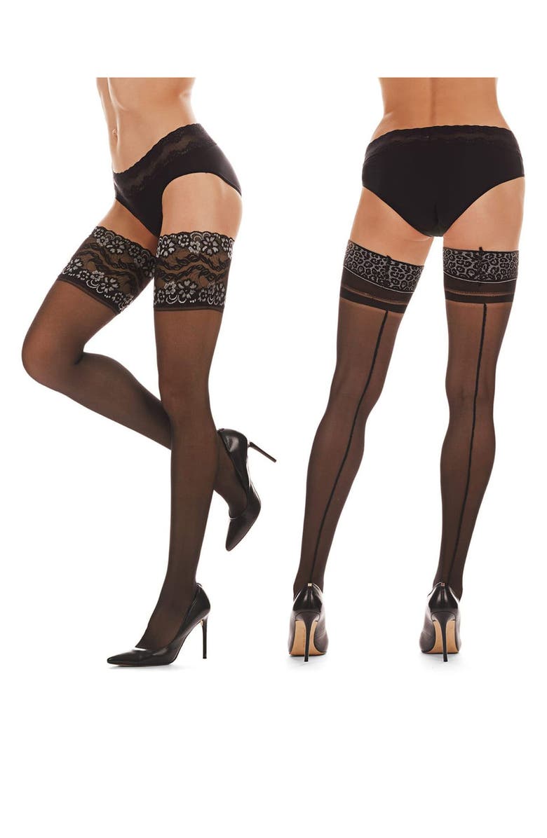MeMoi Lace Cuff Seamed Back Sheer Stockings, Alternate, color, Black