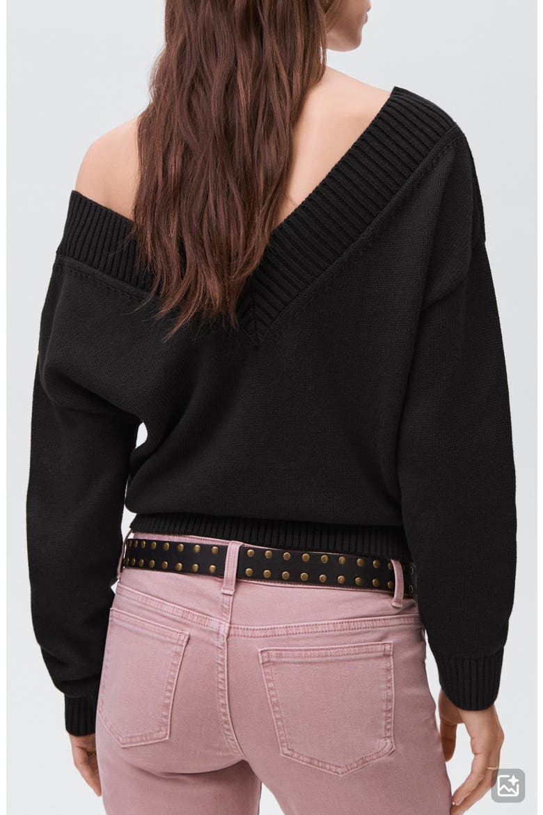 Wide V-Neck Cotton Sweater, Alternate, color, BLACK