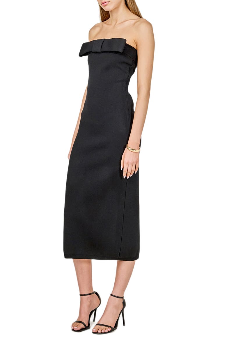 Bow Strapless Midi Cocktail Dress, Alternate, color, BLACK