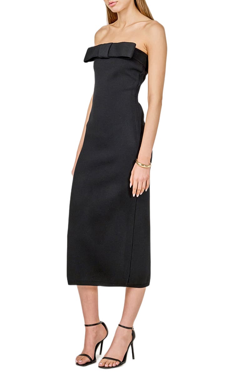 Endless Rose Bow Strapless Midi Cocktail Dress, Alternate, color, Black