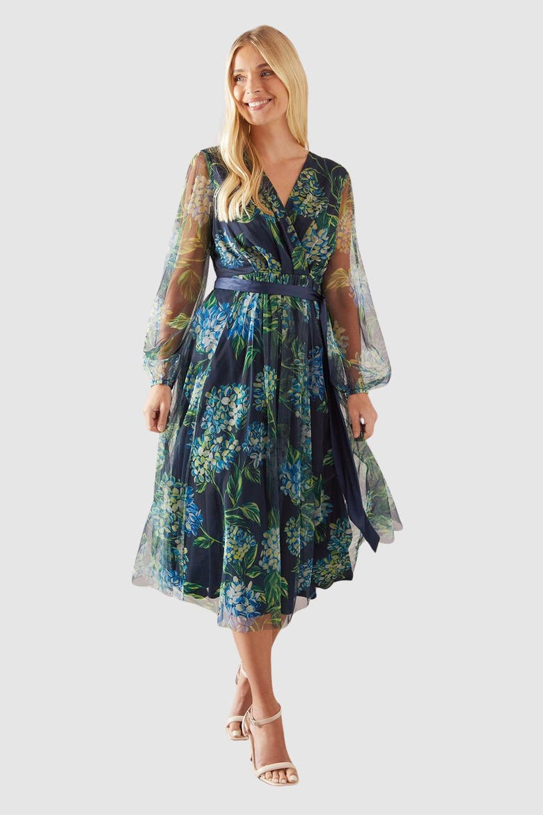 Petite Floral Mesh Satin Tie Midi Dress, Main, color, Navy