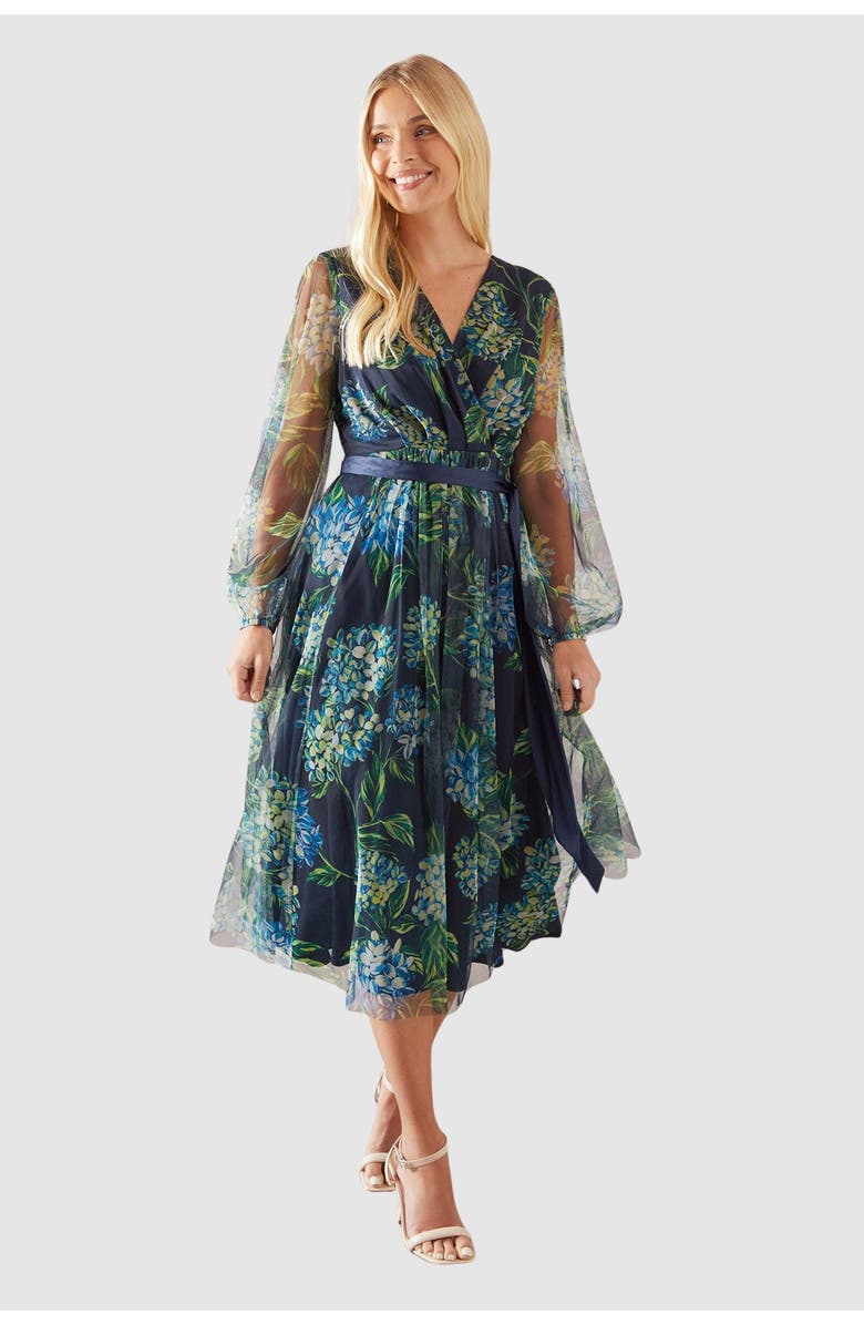 Wallis Petite Floral Mesh Satin Tie Midi Dress, Main, color, Navy