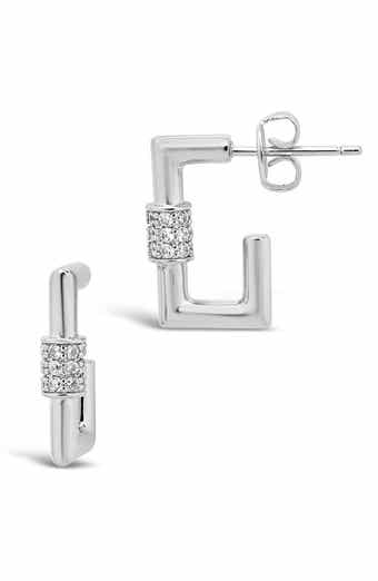 Rhodium Plated CZ Carabiner Square Hoop Earrings
