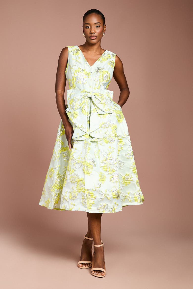 V-Neck Bow Jacquard Midi Dress, Alternate, color, Green