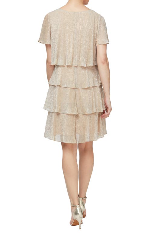 Sl Fashions Embellished V-neck Short Sleeve Shimmer Bodre Tier Cocktail Dress In Gold