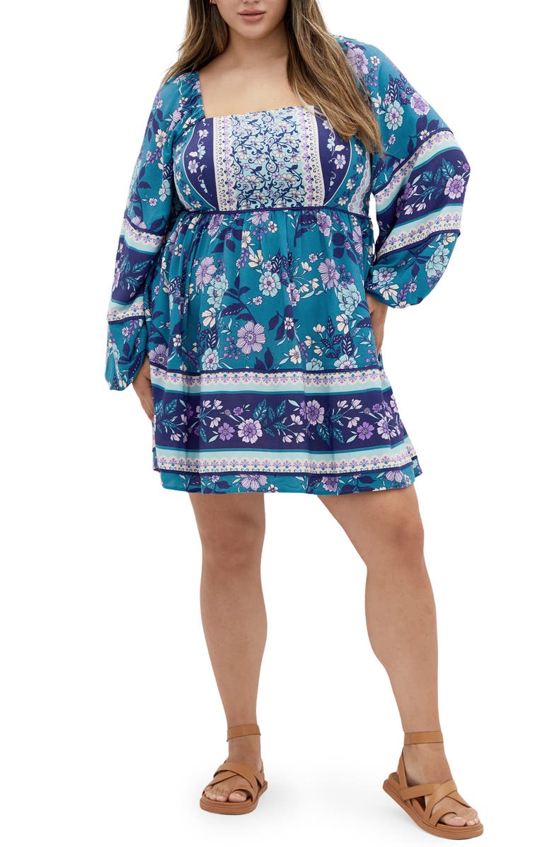 City Chic Rose Print Long Sleeve Minidress, Main, color, Blue Border