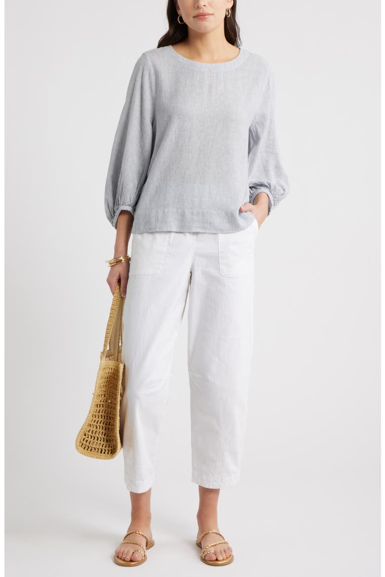 Balloon Sleeve Linen Blend Top, Alternate, color, BLUE VINTAGE LEAH STRIPE