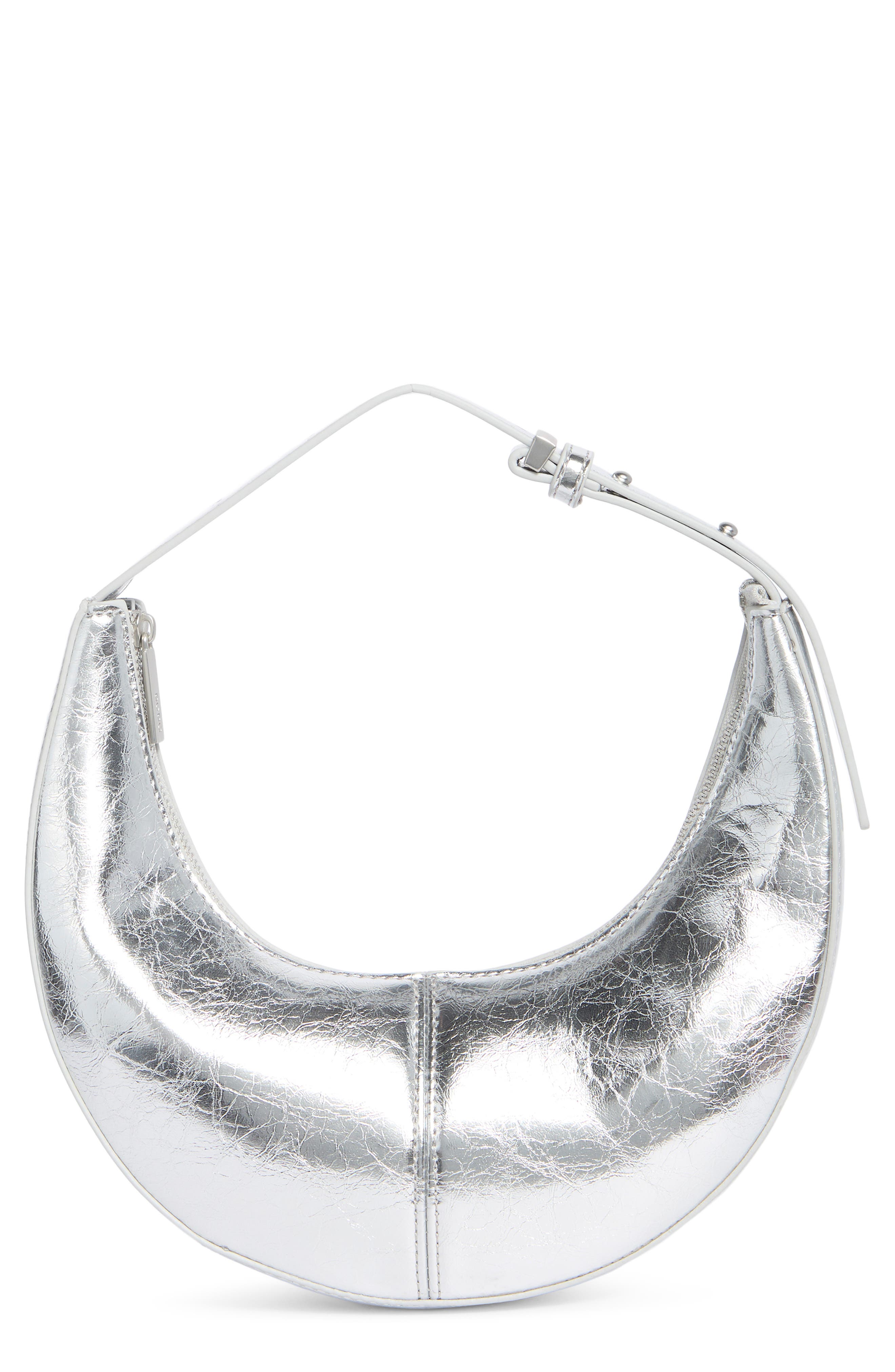 BCBG Skinny Crescent Mini Hobo Bag, Main, color, Silver